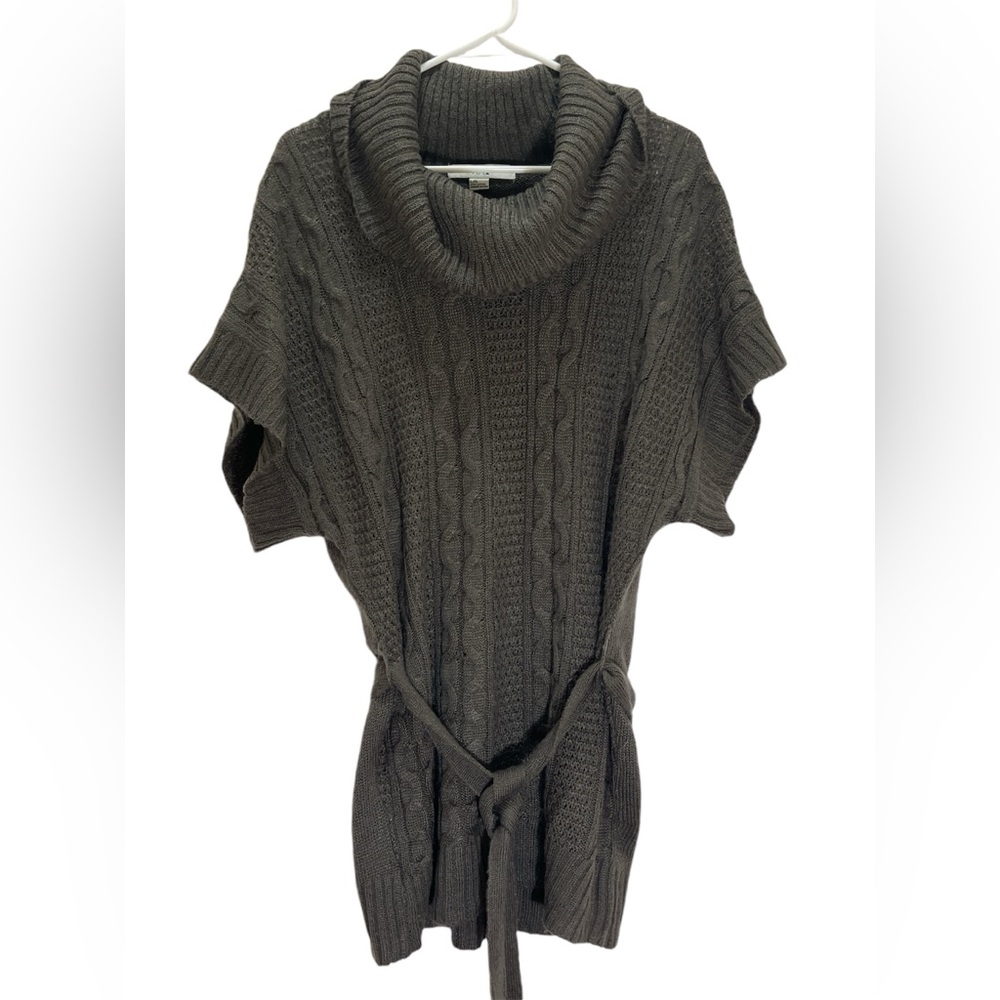 XXI Women’s Long Sweater L Brown Open Knit Cowl Neck Short Sleeve Belted